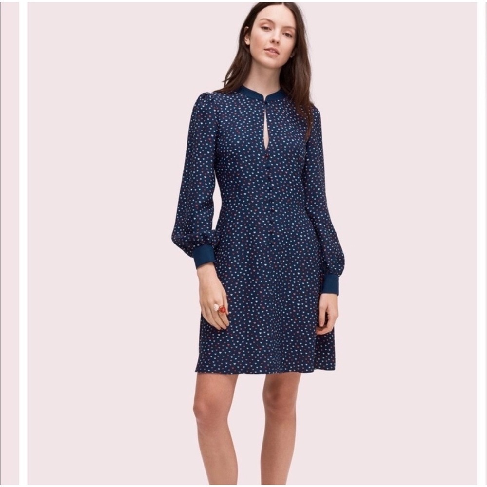 Kate Spade Lips Crepe Dress Navy Blue Keyhole Front Long Sleeve Romantic Size 6